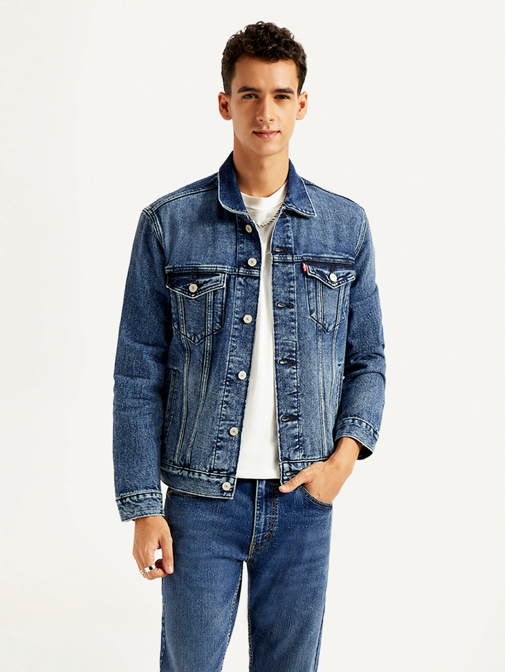 Men's Solid Blue Denim Jacket - Front View
