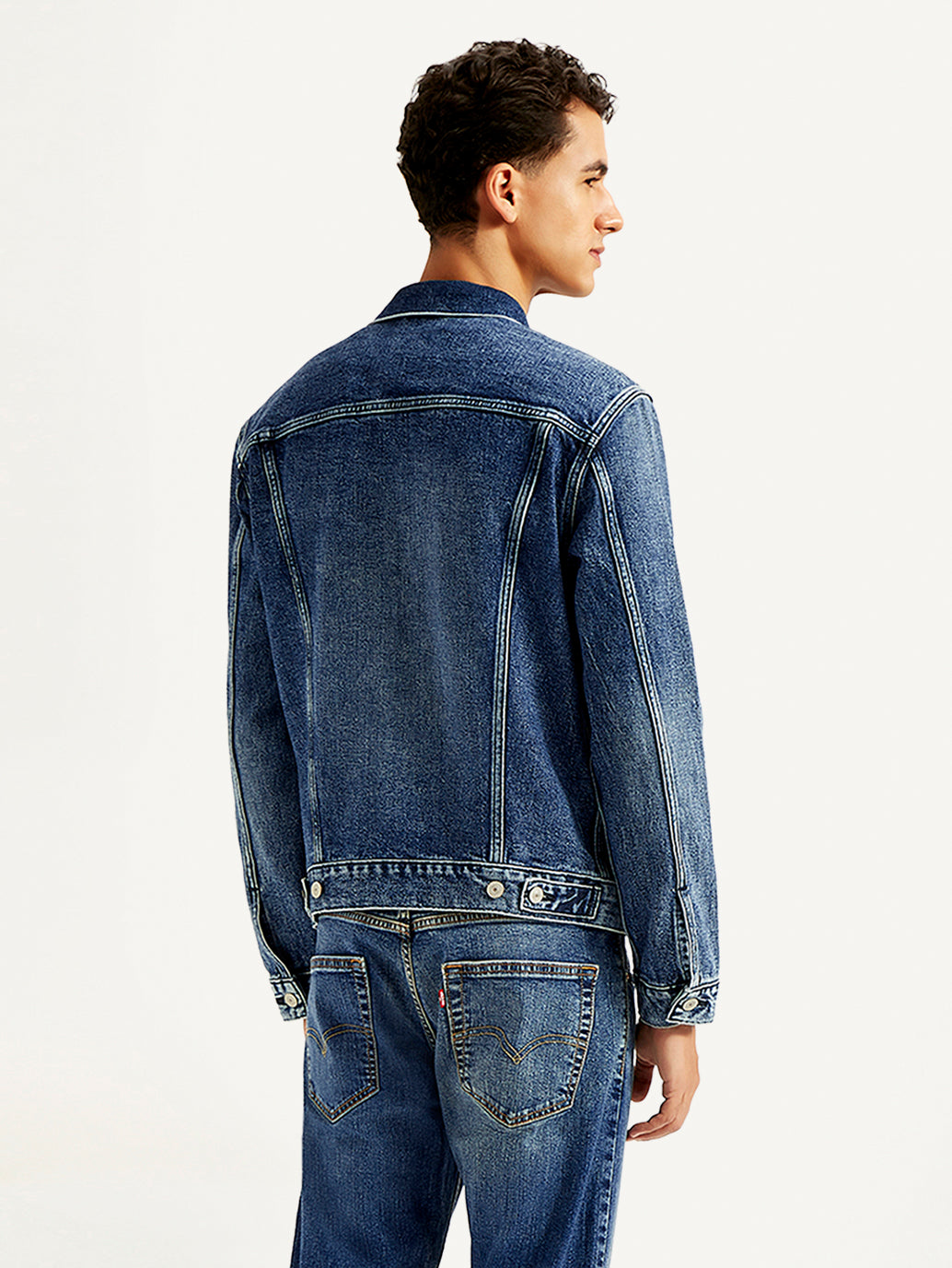 Men's Solid Blue Denim Jacket - Back View