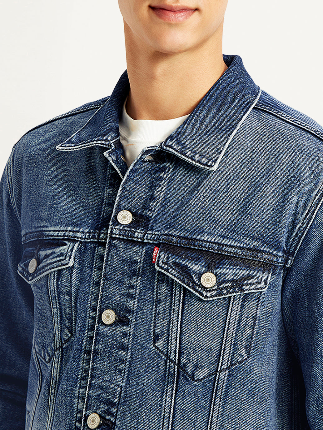 Men's Solid Blue Denim Jacket - Detail View