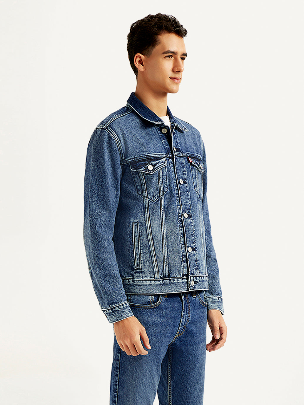 Men's Solid Blue Denim Jacket - Side View