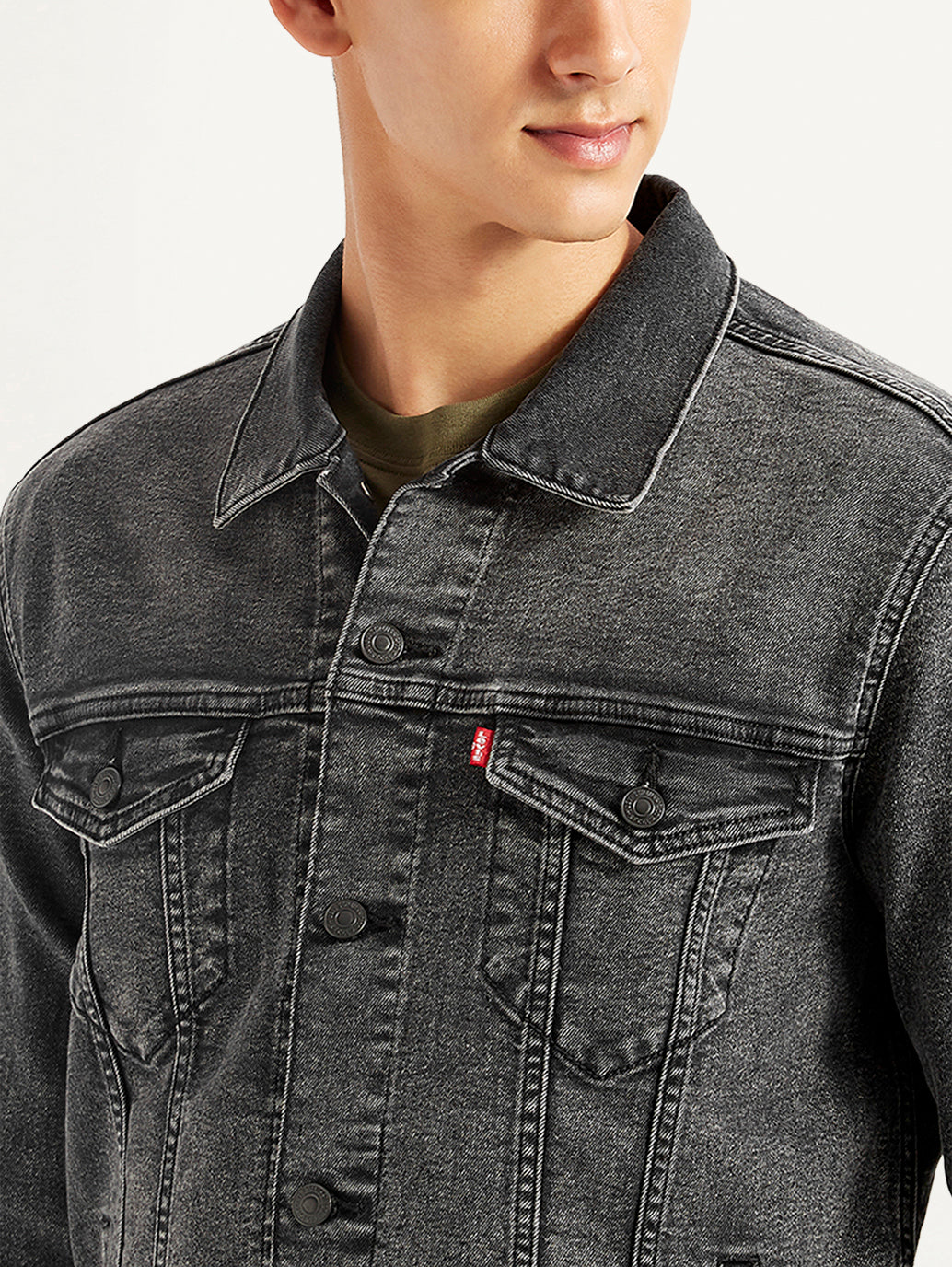 Men's Solid Charcoal Grey Denim Jacket - Detail View