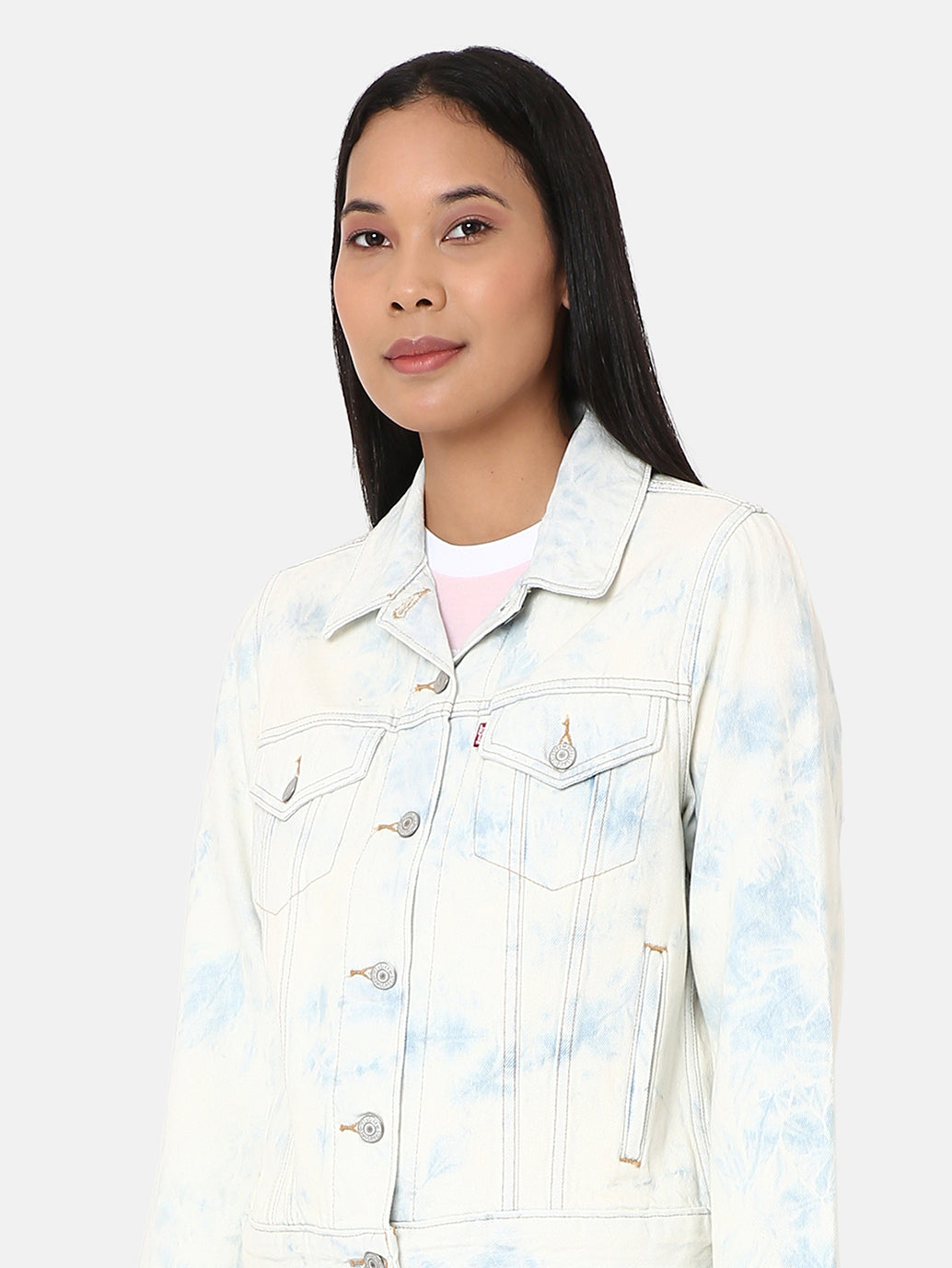 Women's Solid Spread Collar Denim Trucker Jacket - Detail View
