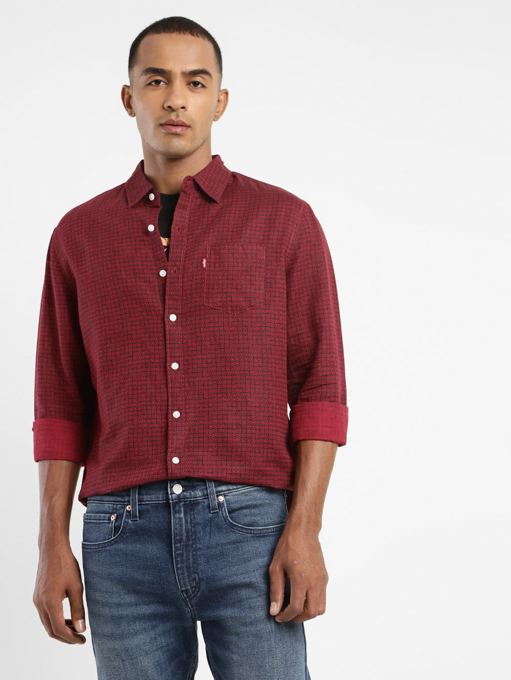 Men's Geometric Print Spread Collar Linen Shirt - 6714671a-85b1-48cb-804d-f6bd5f2569bf View