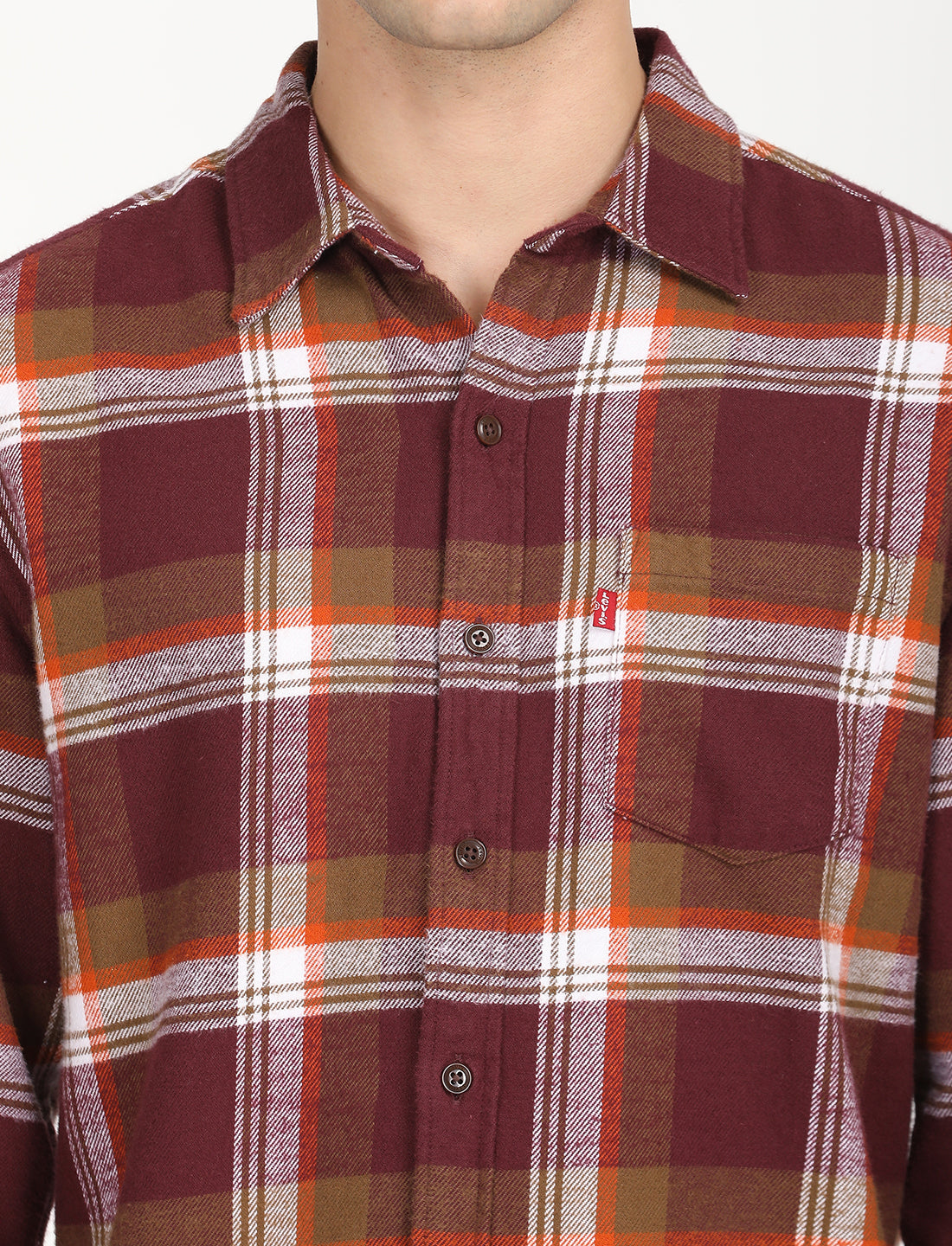 Men's Plaid Red Spread Collar Shacket - Detail View