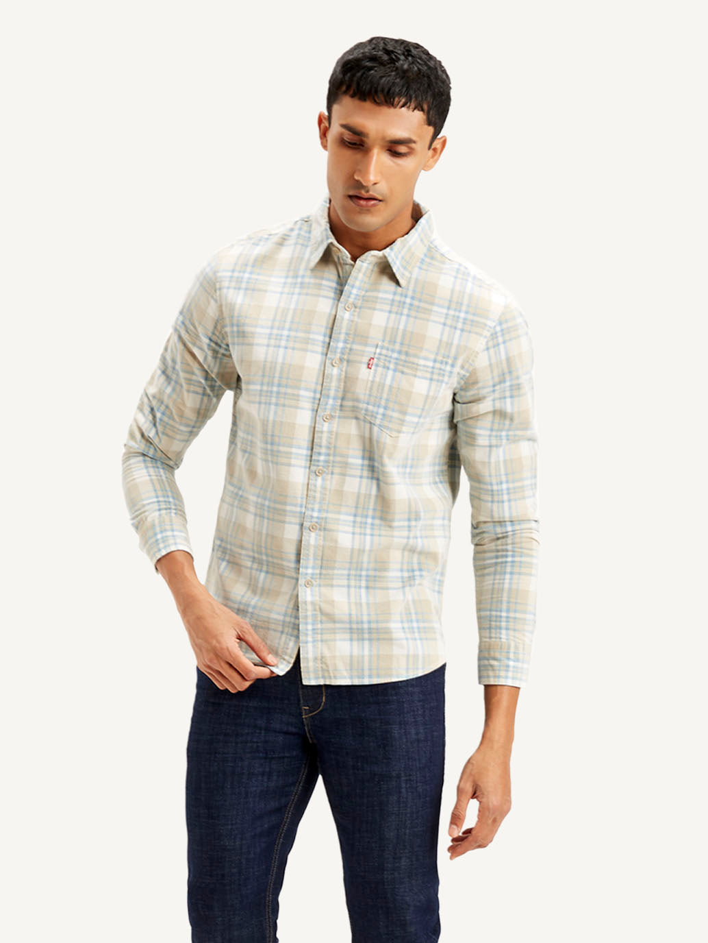 Men's Checkered Slim Fit Corduroy Shirt - Front View
