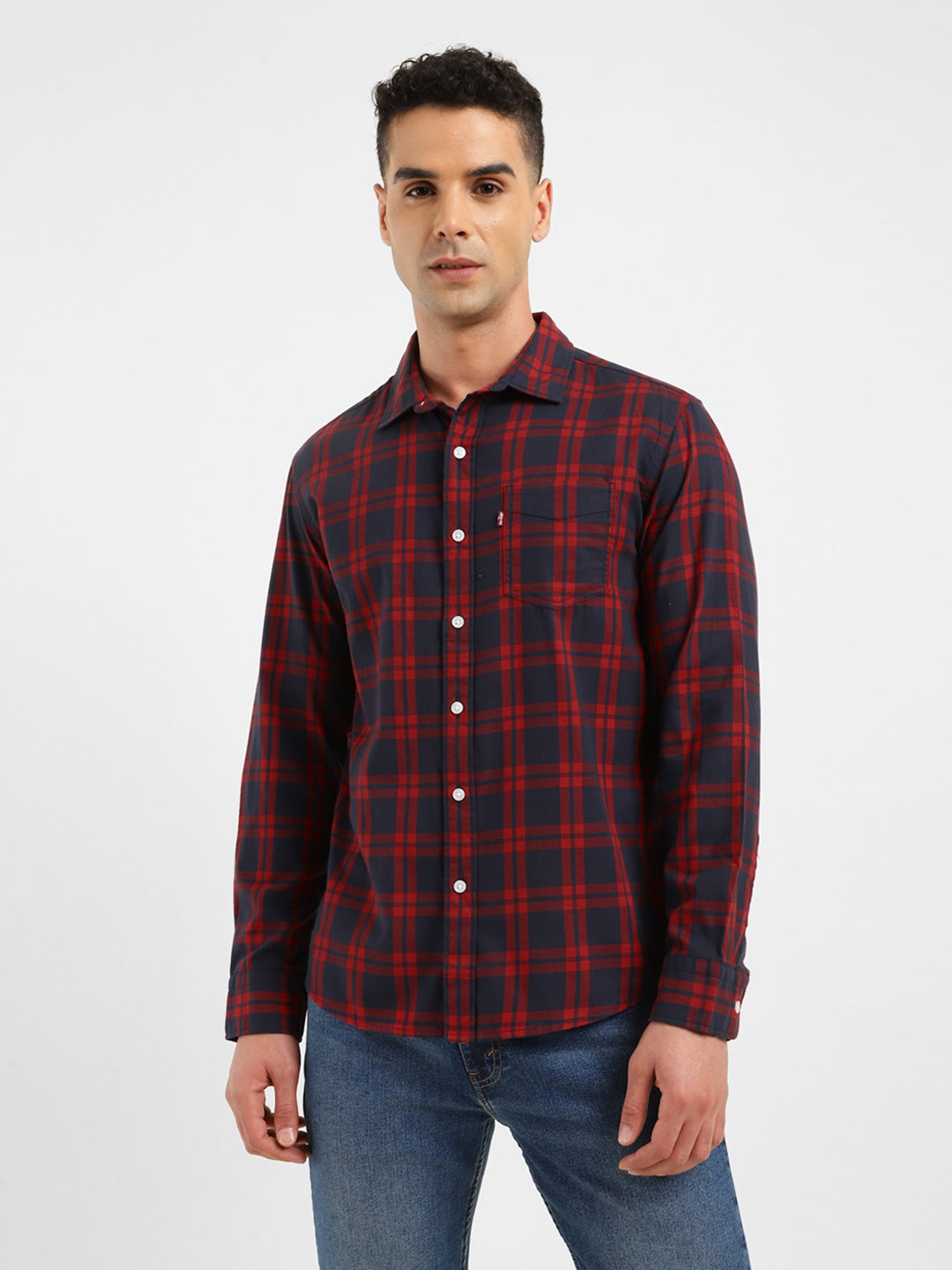 Men's Checkered Spread Collar Shirt - Front View