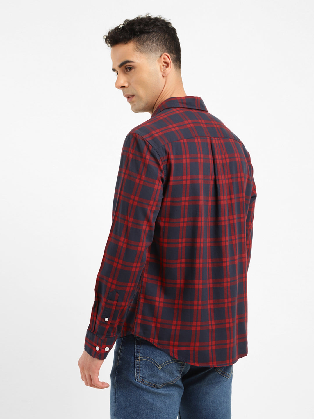 Men's Checkered Spread Collar Shirt - Back View
