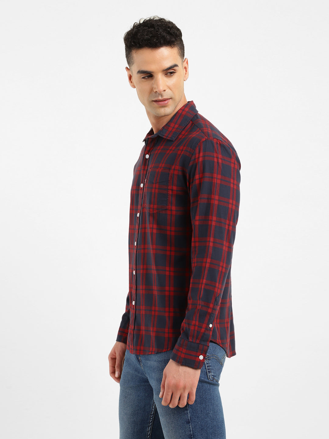Men's Checkered Spread Collar Shirt - Side View