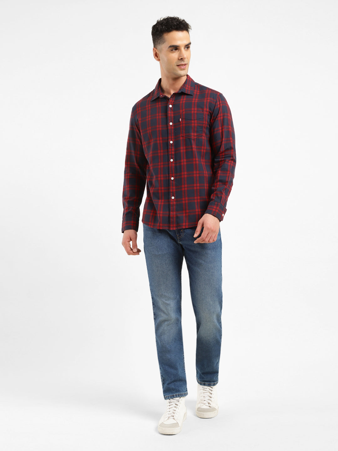 Men's Checkered Spread Collar Shirt - ModelFront View