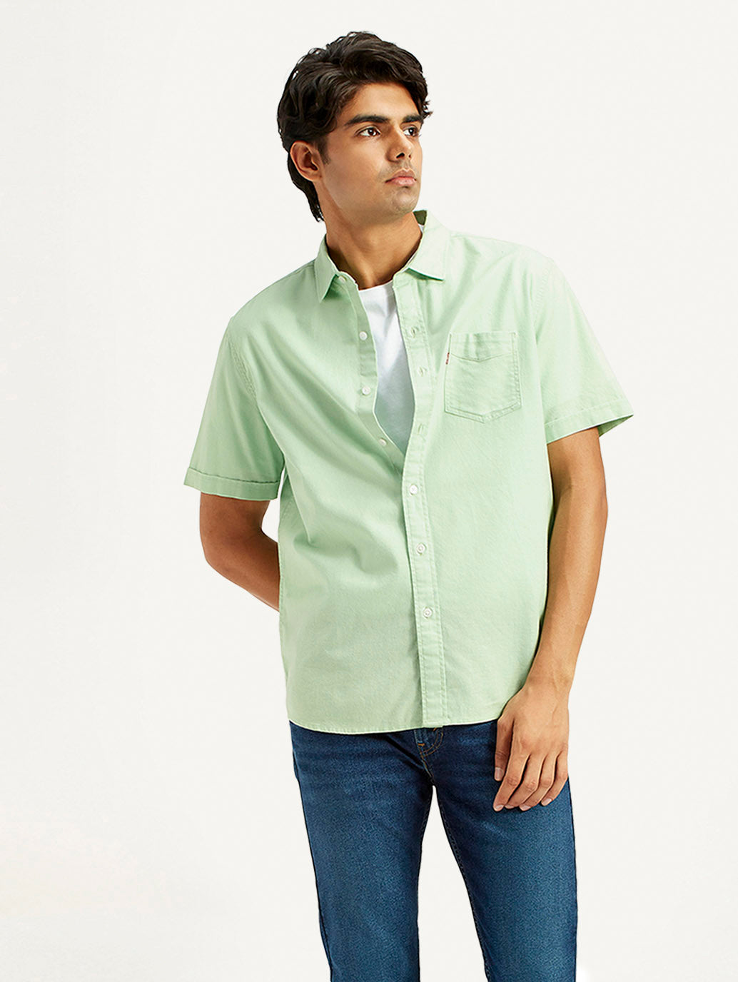 Men's Solid Green Spread Collar Shirt - Styleshot View