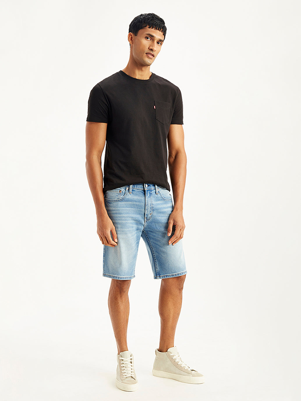 Men's Light-Blue Tapered Denim Shorts - Side View