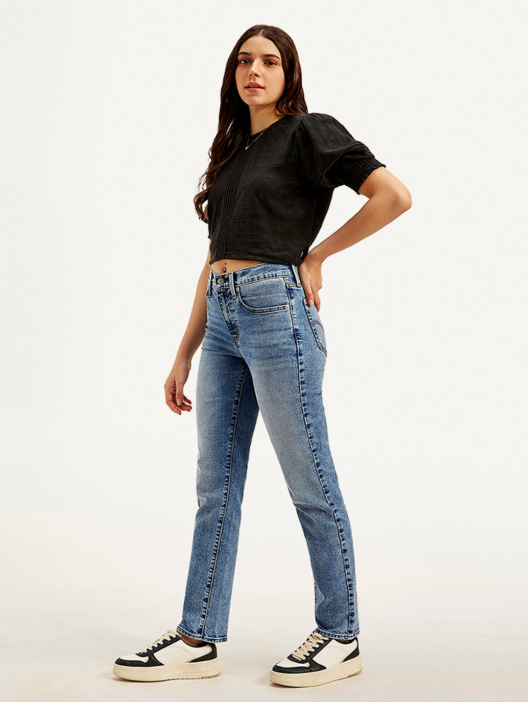 Women's 724 Blue Straight Fit High Rise Jeans - Styleshot View