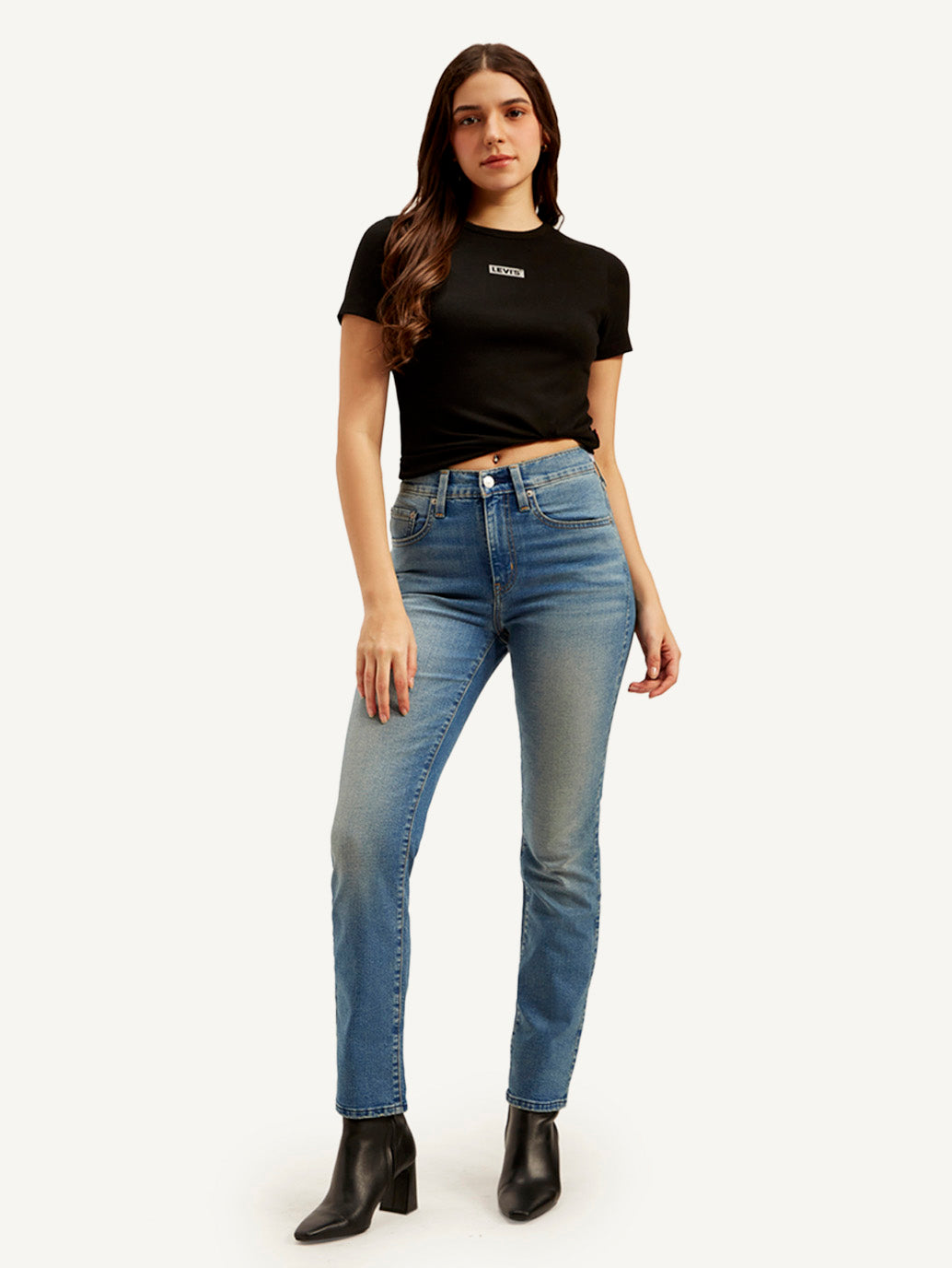 Women's 724 Blue Straight Fit High Rise Jeans - Styleshot View