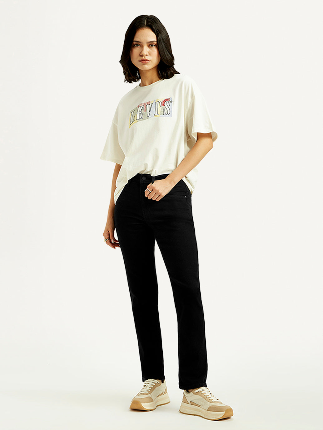 Women's 724 Black Straight Fit High Rise Jeans - Styleshot View