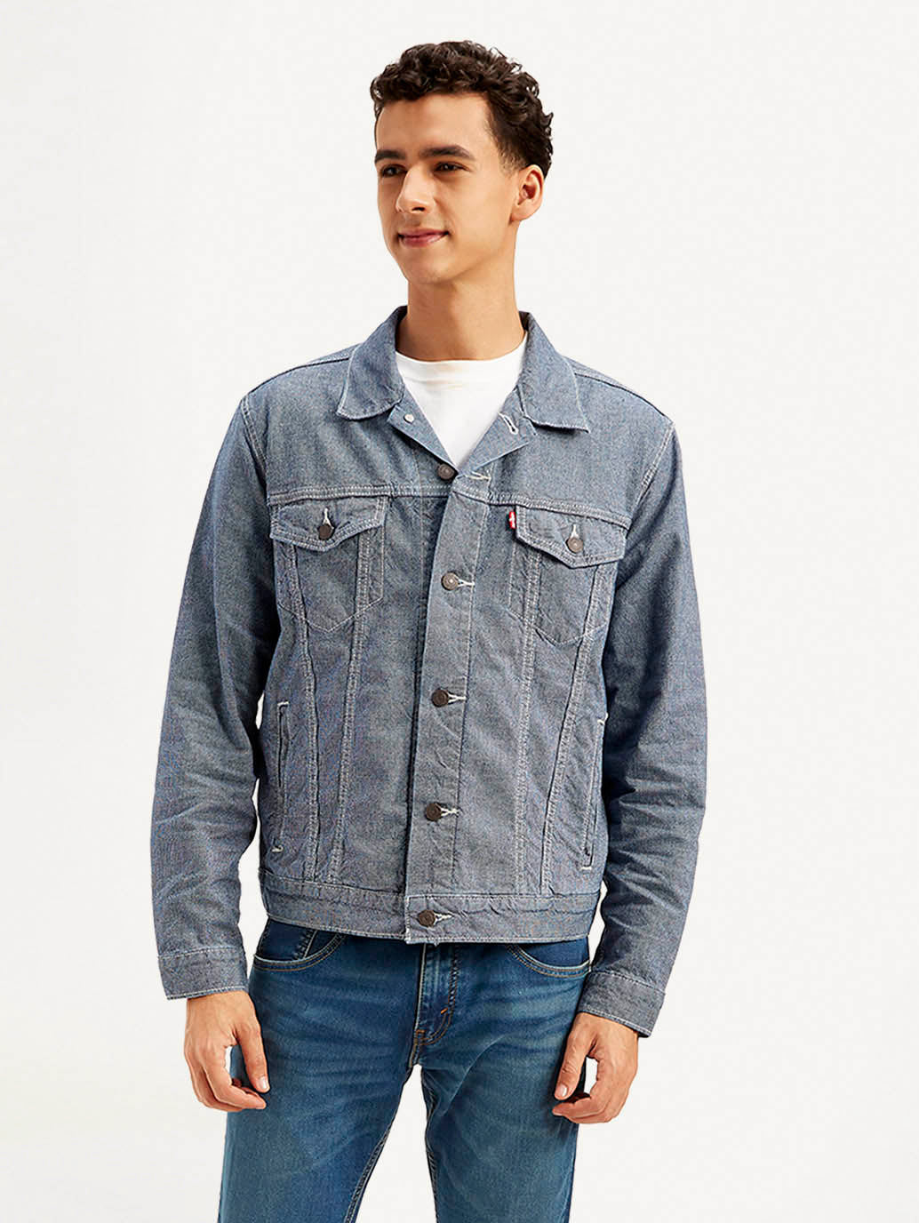 Men's Solid Blue Spread Collar Denim Jacket - Front View