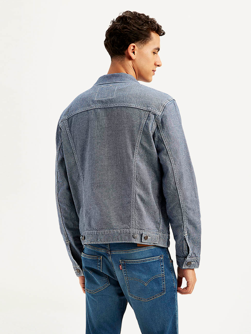Men's Solid Blue Spread Collar Denim Jacket - Back View