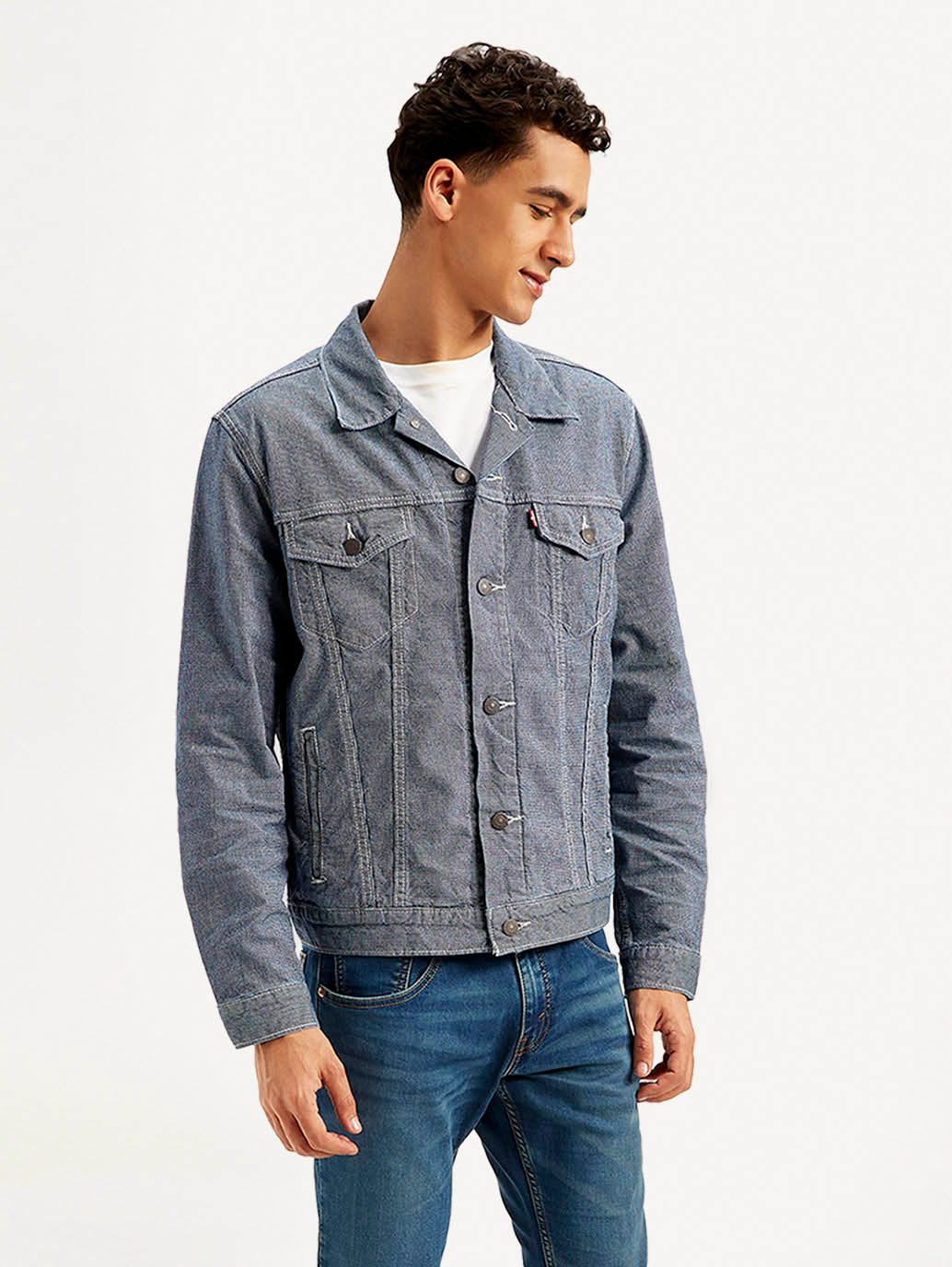 Men's Solid Blue Spread Collar Denim Jacket - Side View
