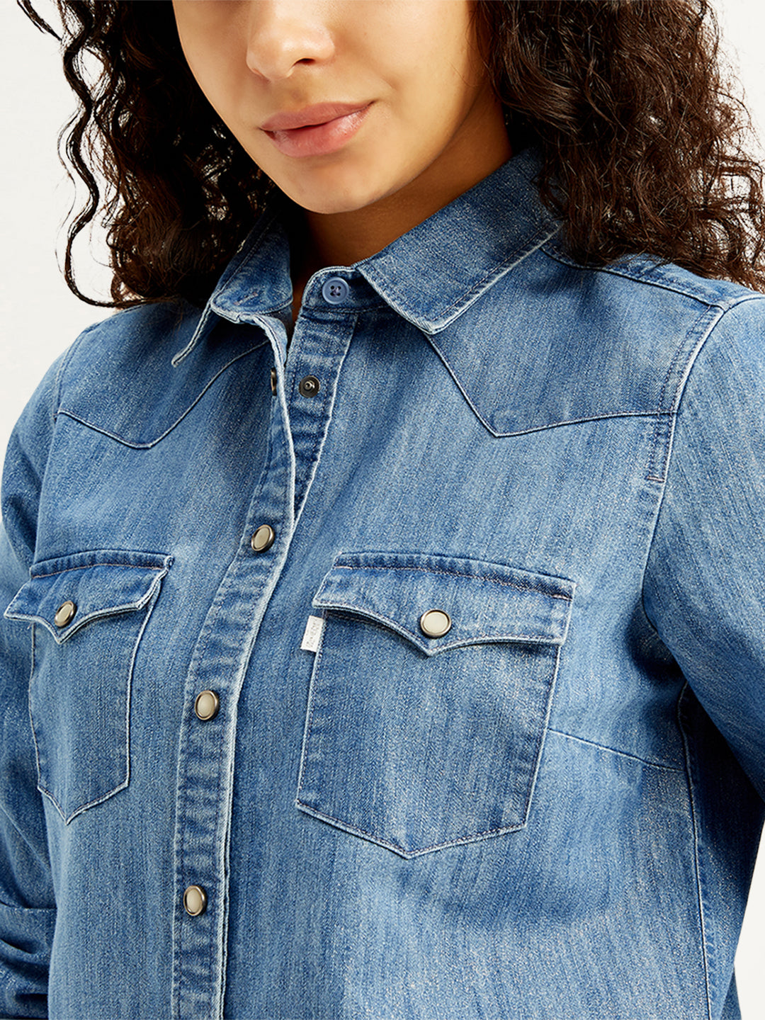 Women's Solid Regular Fit Denim Shirt - Detail View