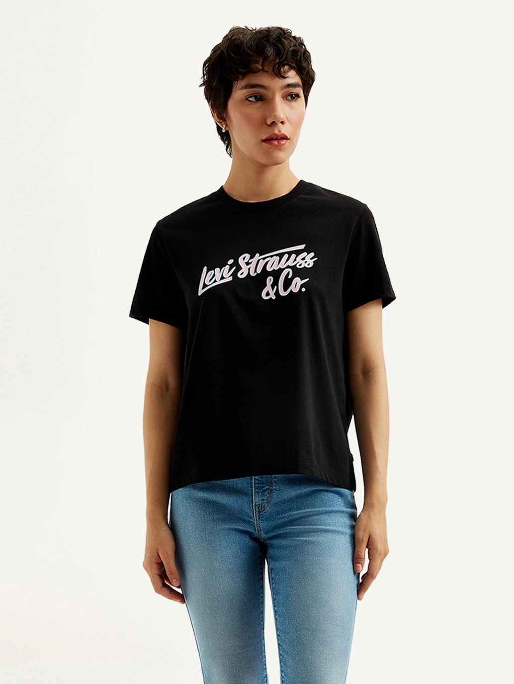 Women's Typography Black Crew Neck T-shirt - Front View