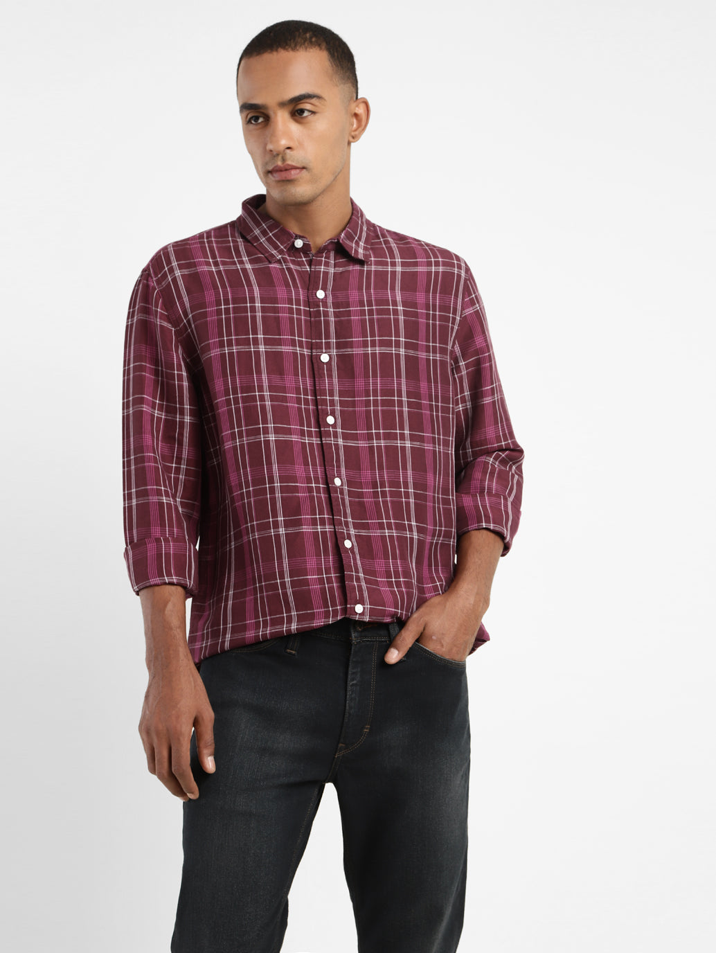 Men's Checkered Spread Collar Linen Shirt - d056887d-48cb-4099-969b-57419a601d74 View