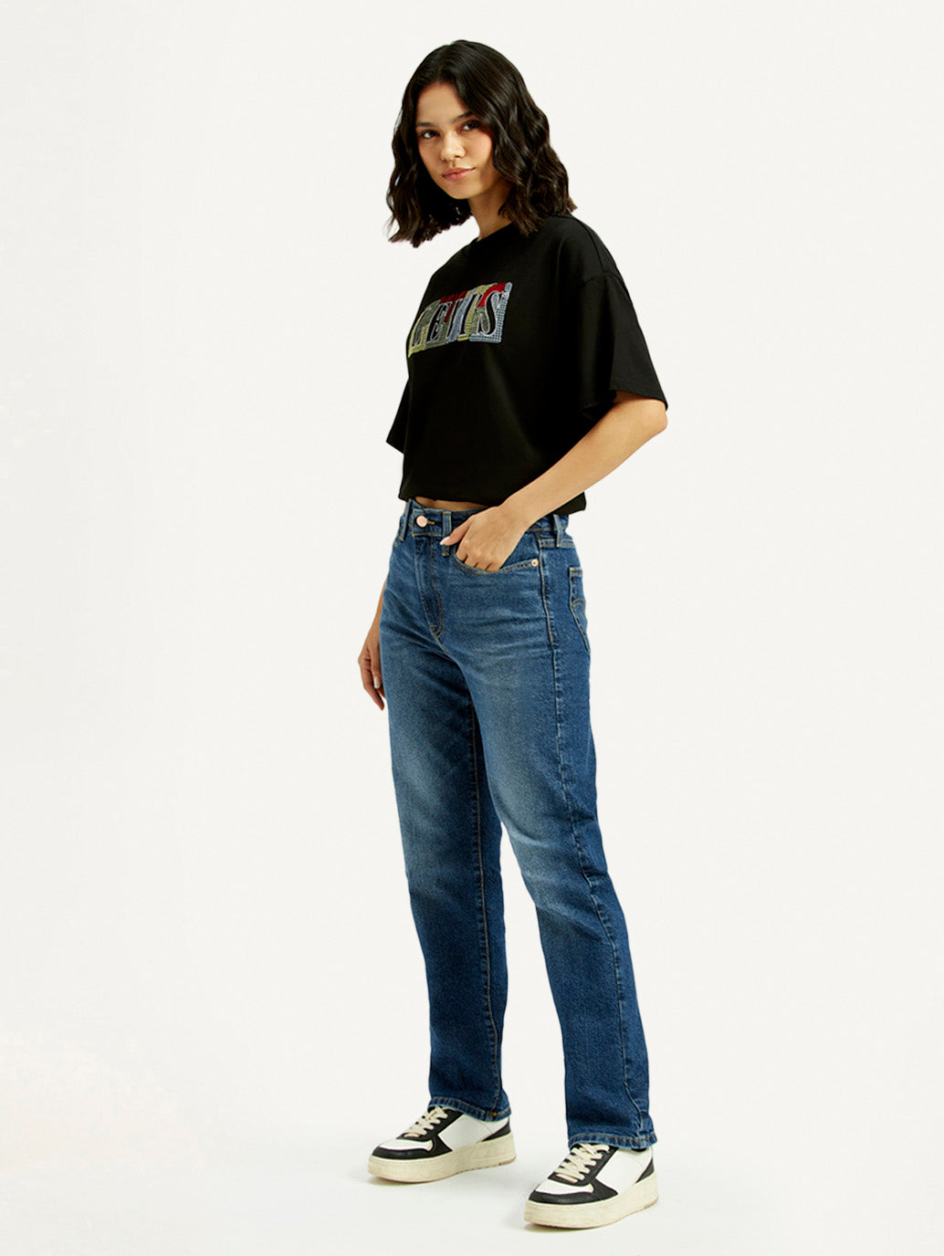 Women's Blue Wedgie Straight Fit Mid Rise Jeans - Side View