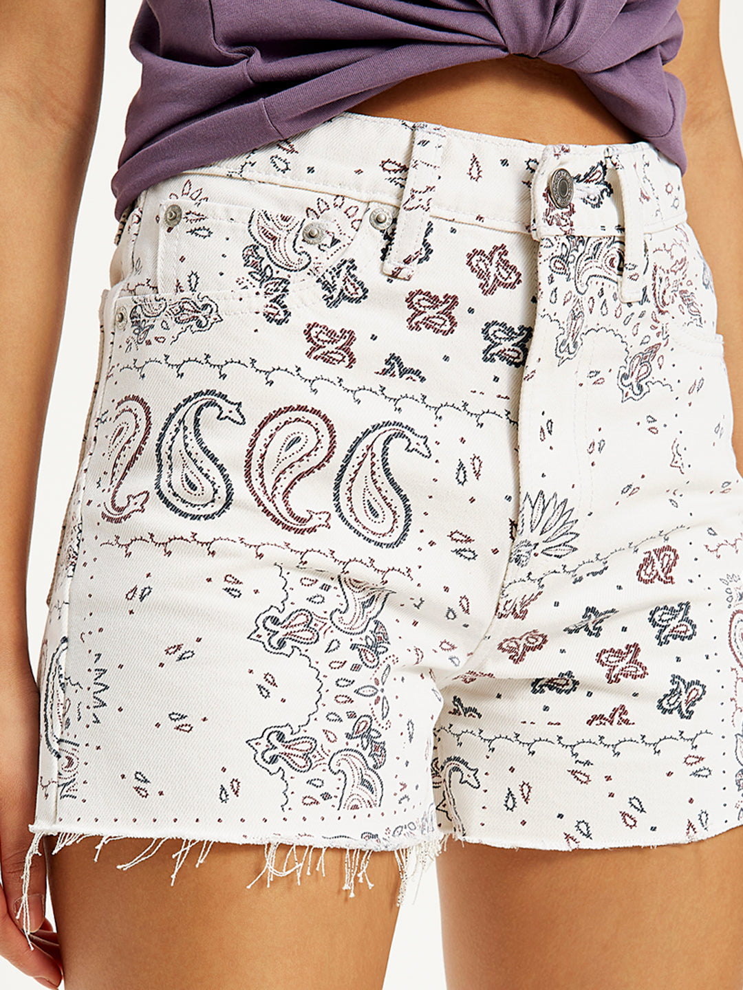 Women's High Rise White Regular Fit Denim Shorts - Detail View