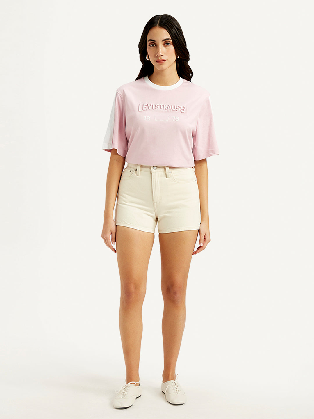 Women's Mid Rise Off White Slim Fit Shorts - Front View