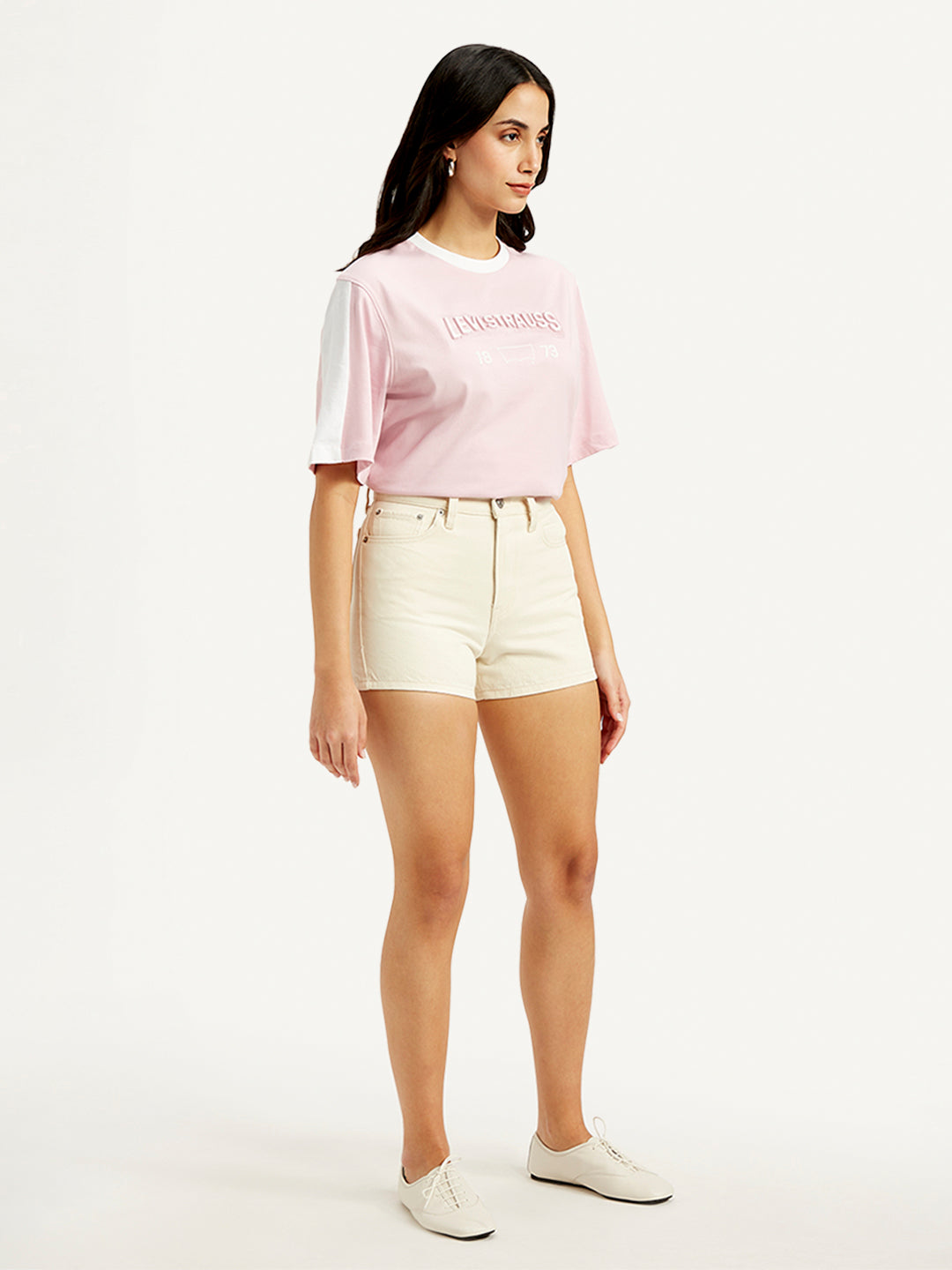 Women's Mid Rise Off White Slim Fit Shorts - Side View