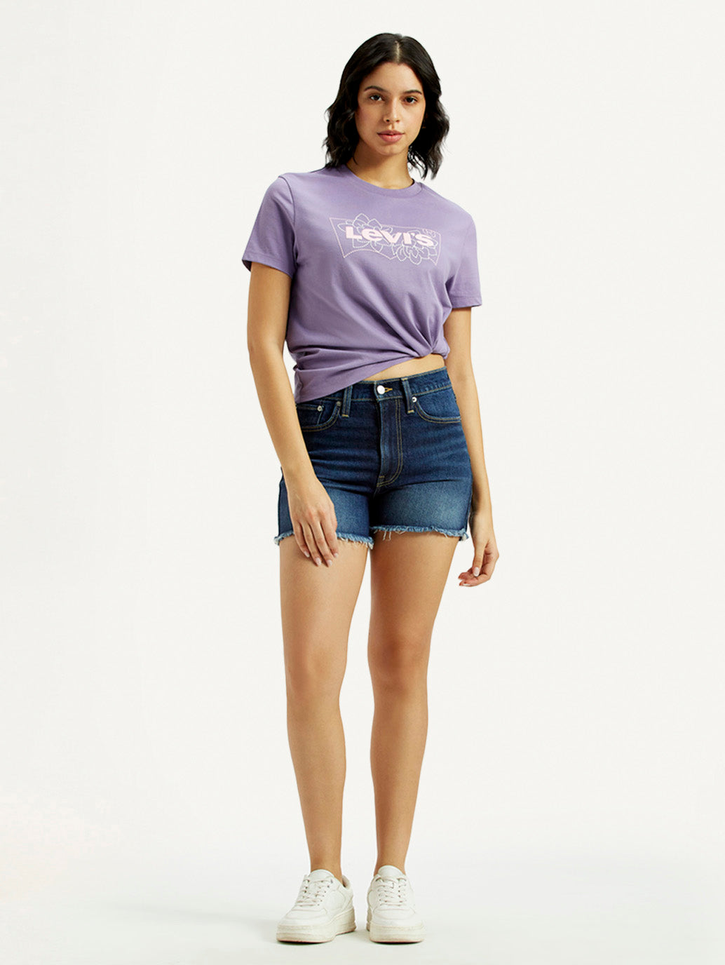 Women's Med Indigo Mid Rise Denim Wedgie Shorts - Styleshot View