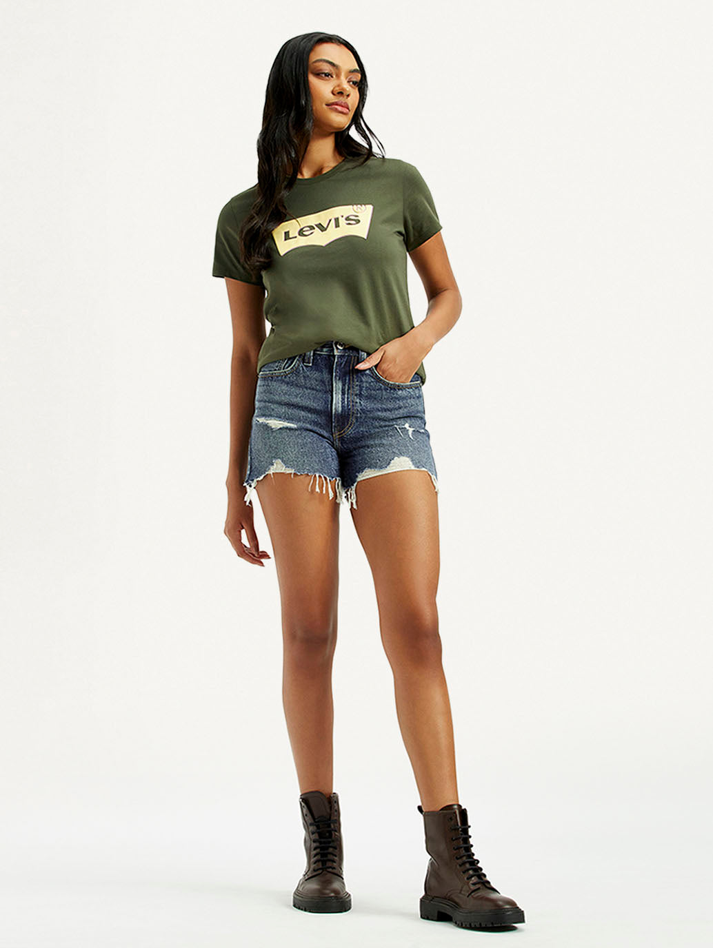 Women's Mid Indigo Wedgie Fit Mid Rise Shorts - Styleshot View