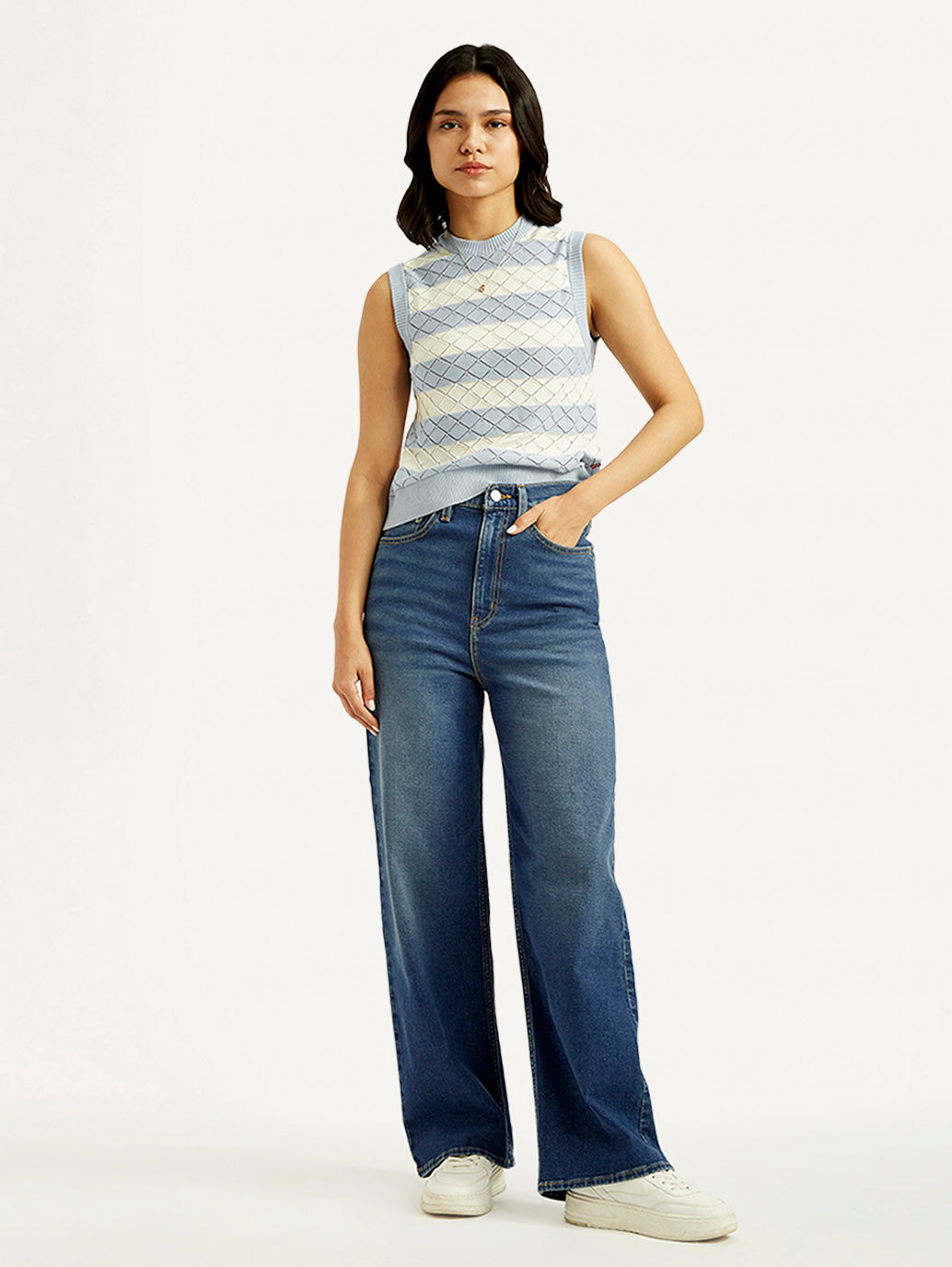 Women's Med Indigo Loose Fit High Rise Jeans - Styleshot View