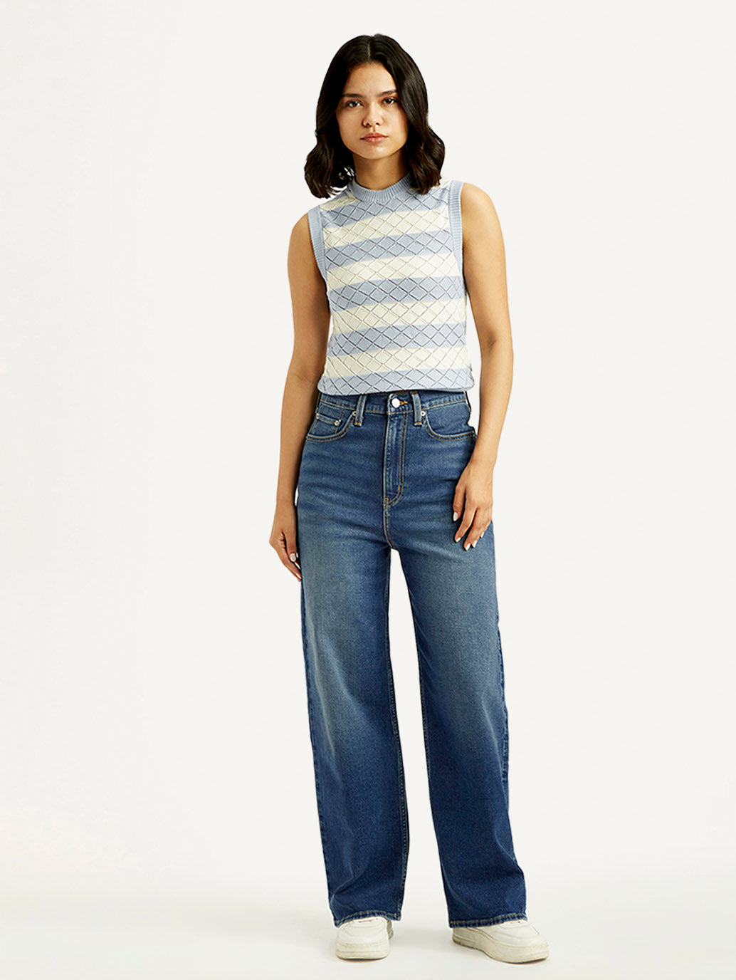 Women's Med Indigo Loose Fit High Rise Jeans - Front View