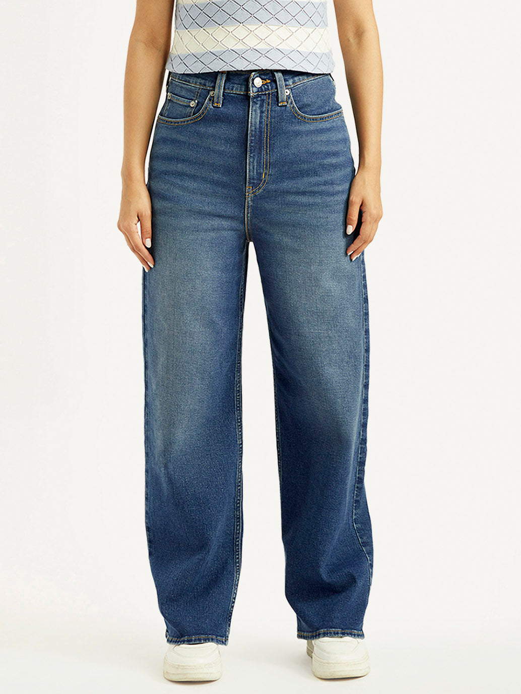 Women's Med Indigo Loose Fit High Rise Jeans - Front View