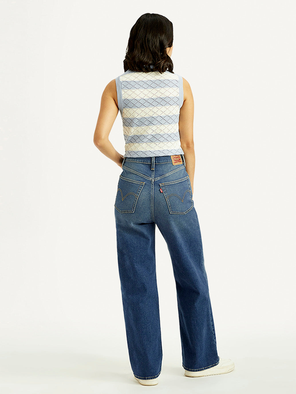 Women's Med Indigo Loose Fit High Rise Jeans - Back View