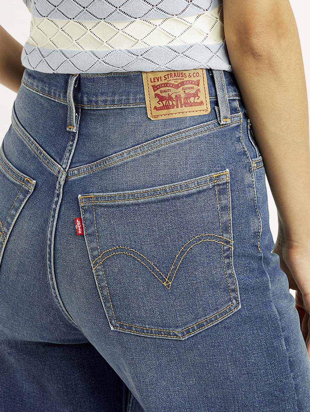 Women's Med Indigo Loose Fit High Rise Jeans - Detail View
