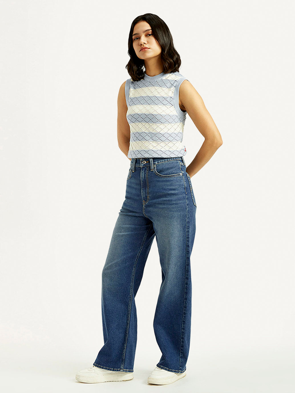 Women's Med Indigo Loose Fit High Rise Jeans - Side View