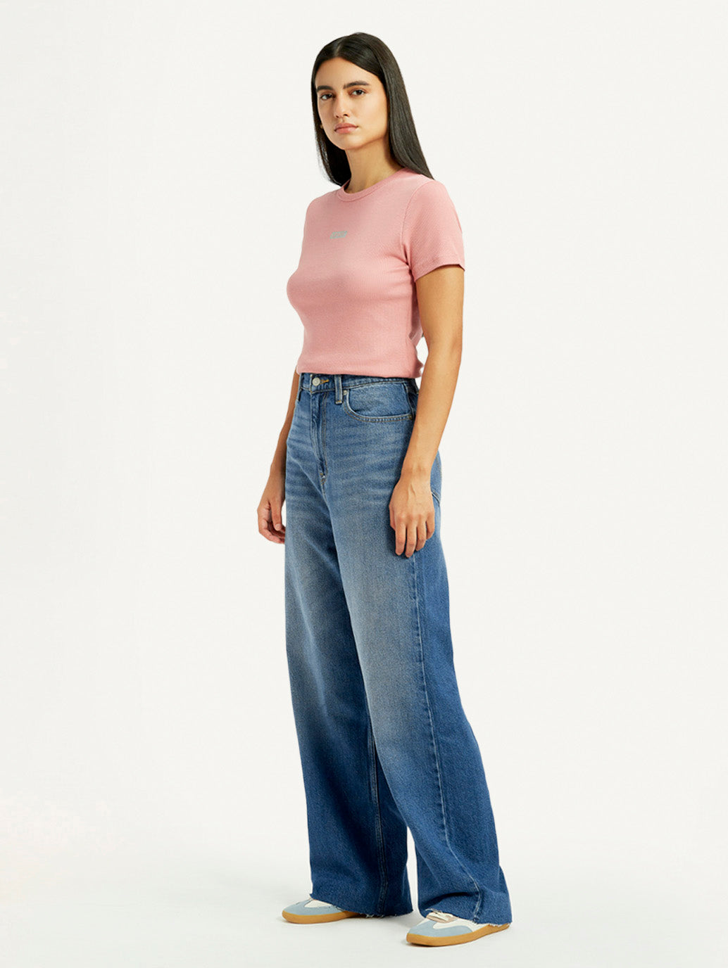 Women's Blue Loose Fit High Rise Jeans - Side View
