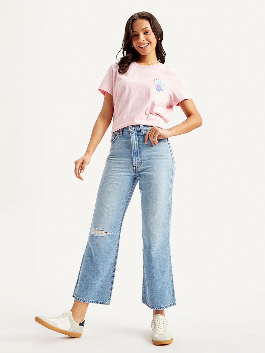 Women's Blue Ribcage Cropped Bootcut Fit High Rise Jeans - Styleshot View
