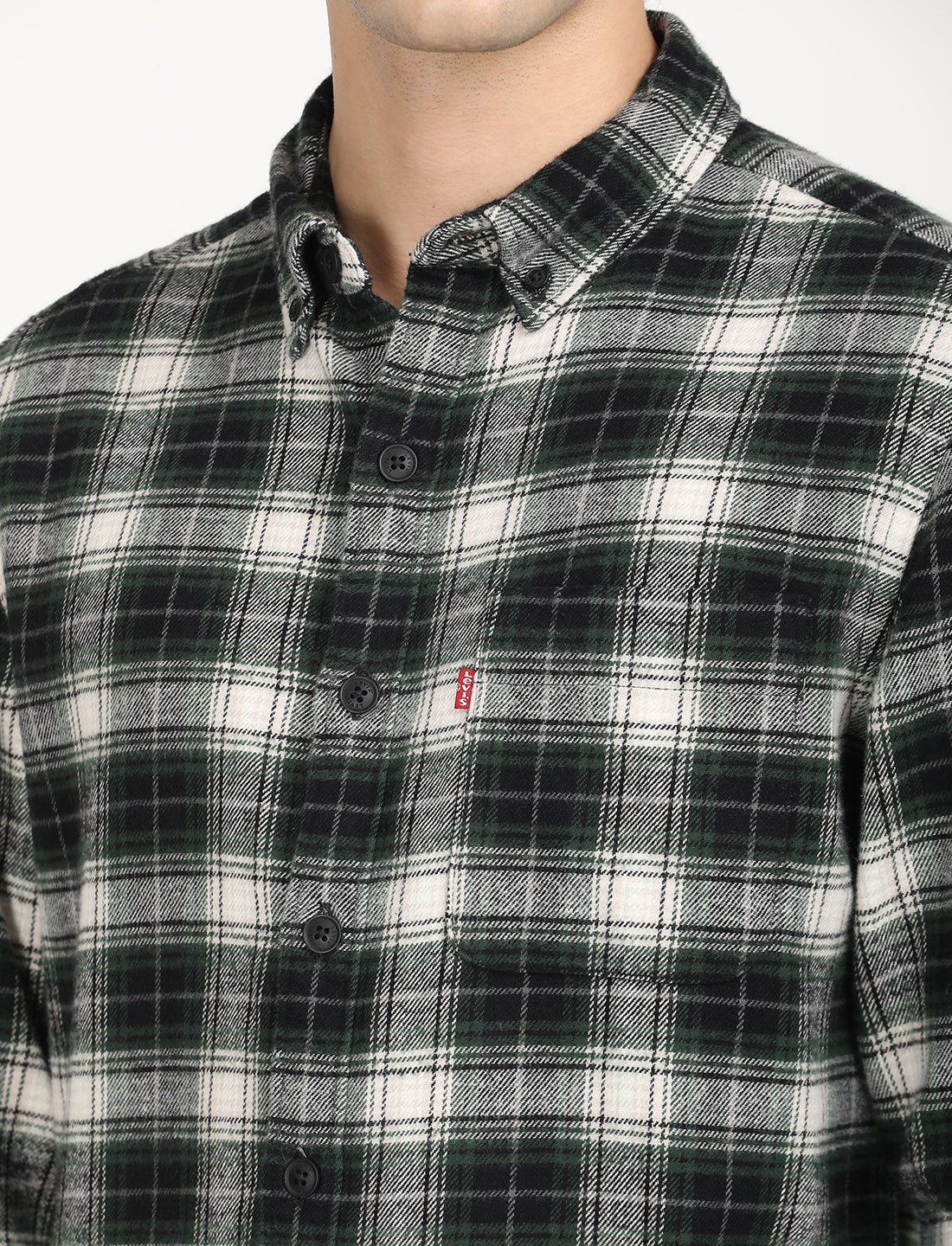 Men's Checkered Black Collar Neck Shacket - Detail View