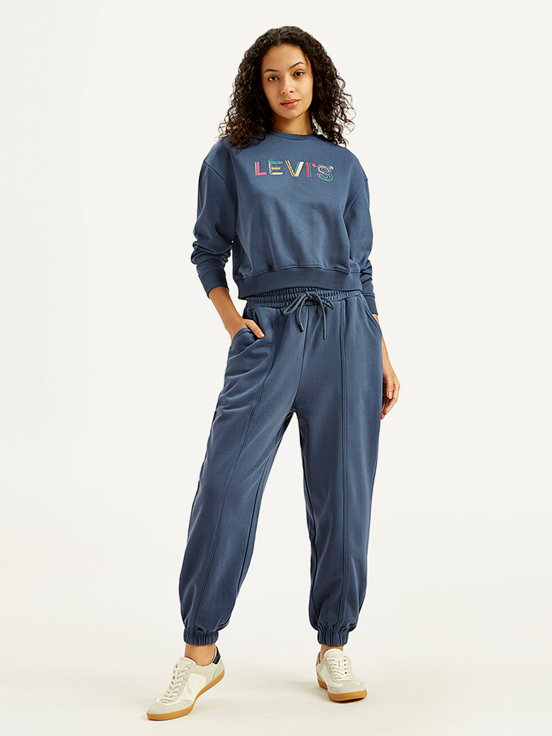 Women's Mid Rise Blue Joggers - Styleshot View