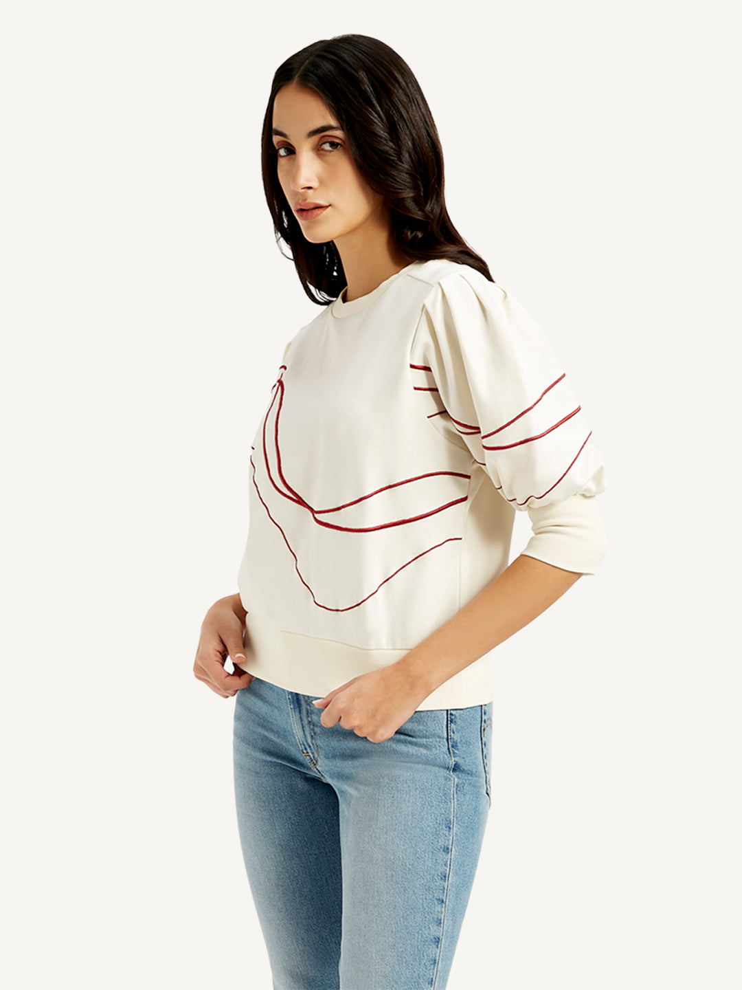 Women's Abstract Off-White Crew Neck Top - Side View