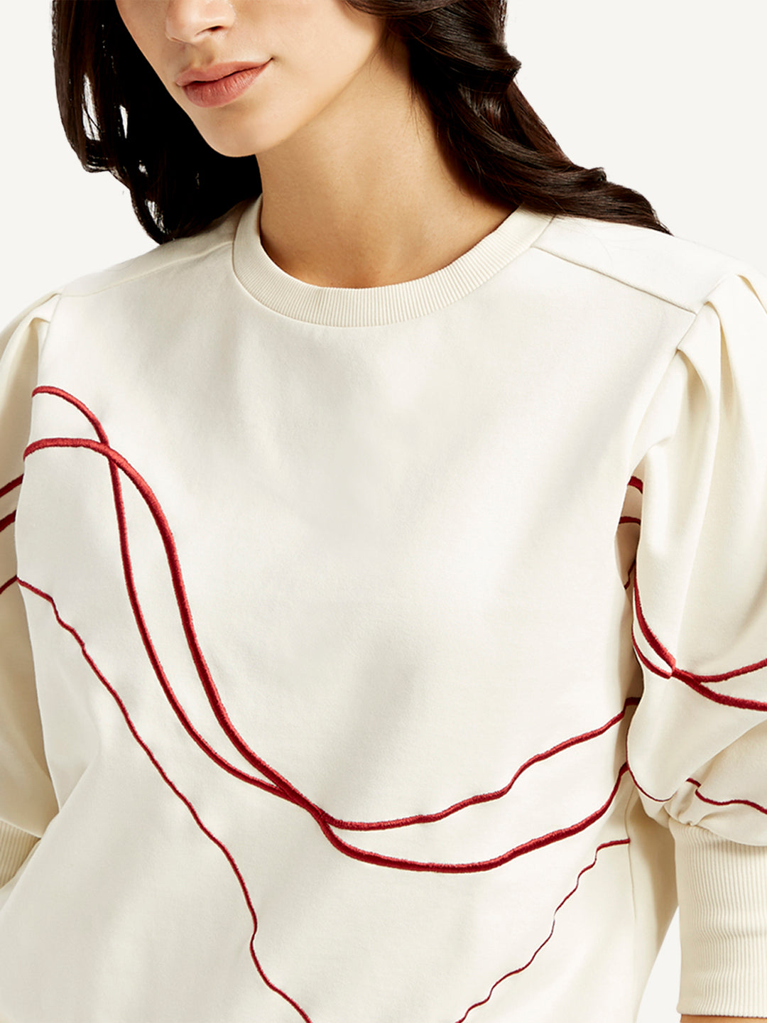 Women's Abstract Off-White Crew Neck Top - Detail View