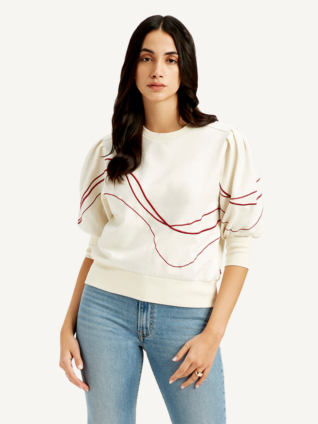 Women's Abstract Off-White Crew Neck Top - Styleshot View