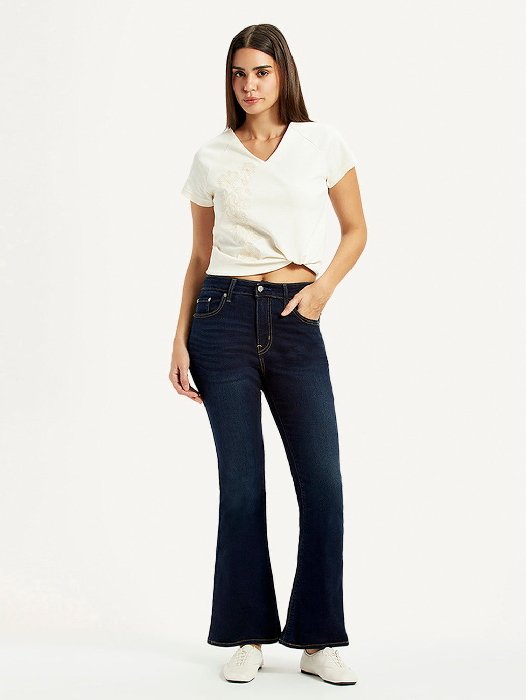 Women's 726 Dark Blue Slim Flare Fit High Rise Jeans - Styleshot View