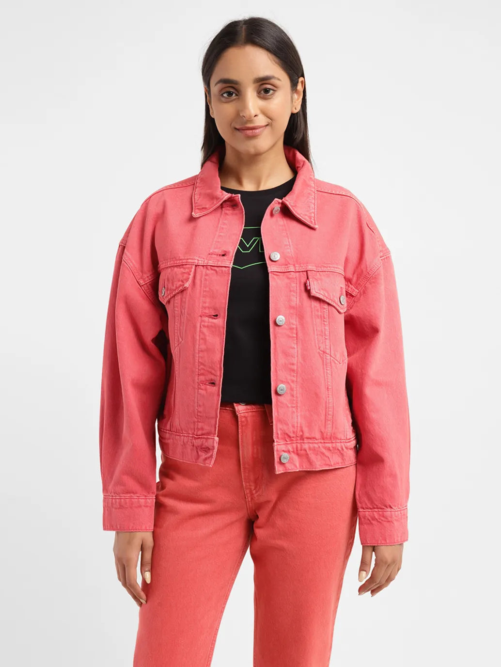 Women's Solid Spread Collar Denim Jacket - 1b0260cf-d3e3-4863-a9c7-6d0f169bc28e View