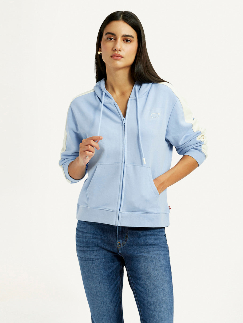 Women's Striped Light Blue Hooded Sweatshirt - Styleshot View