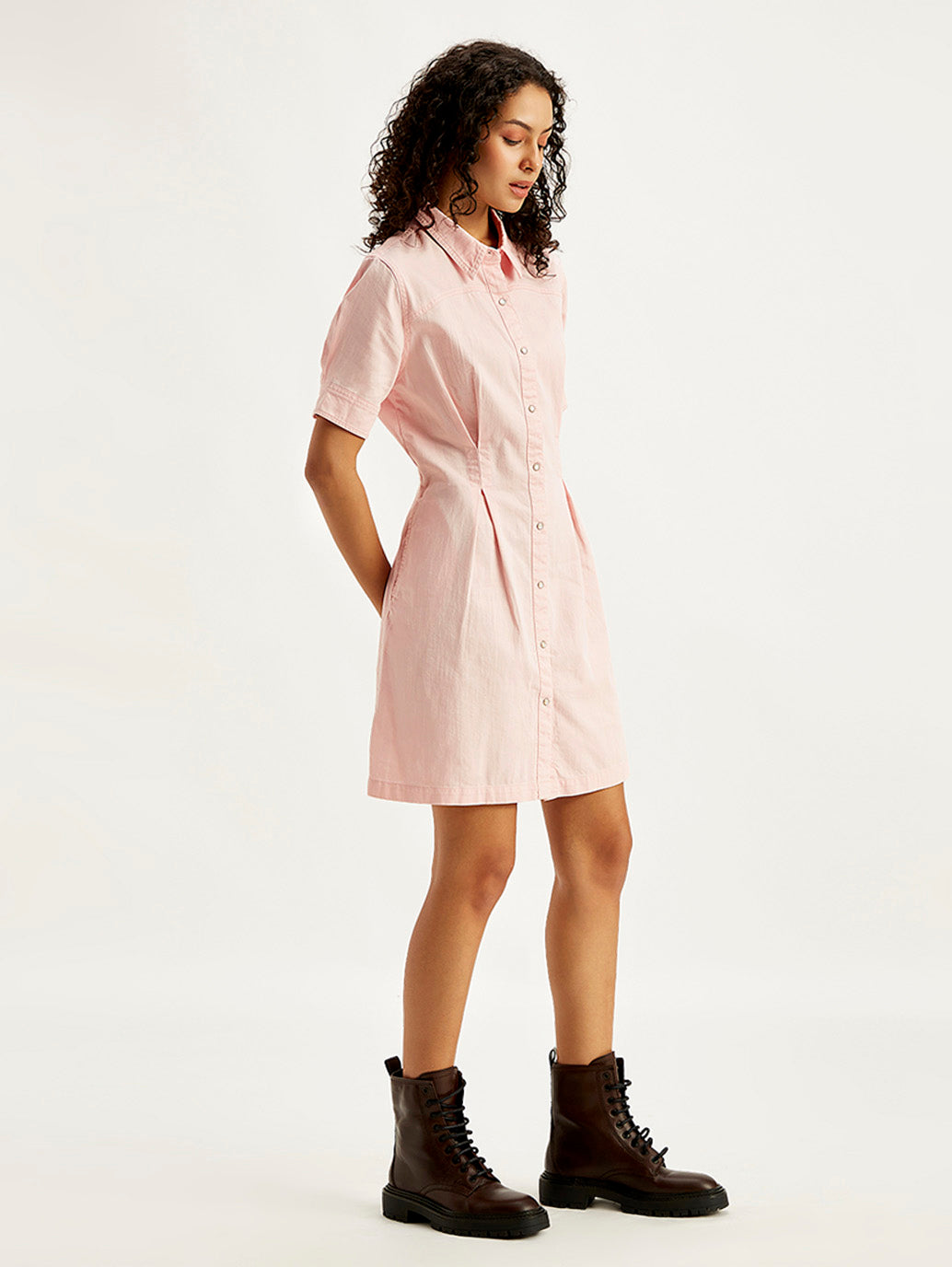 Women's Solid Light Pink Spread Collar Shirt Dress - b077070f-eecf-4265-8d90-30d2eb5d85bf View