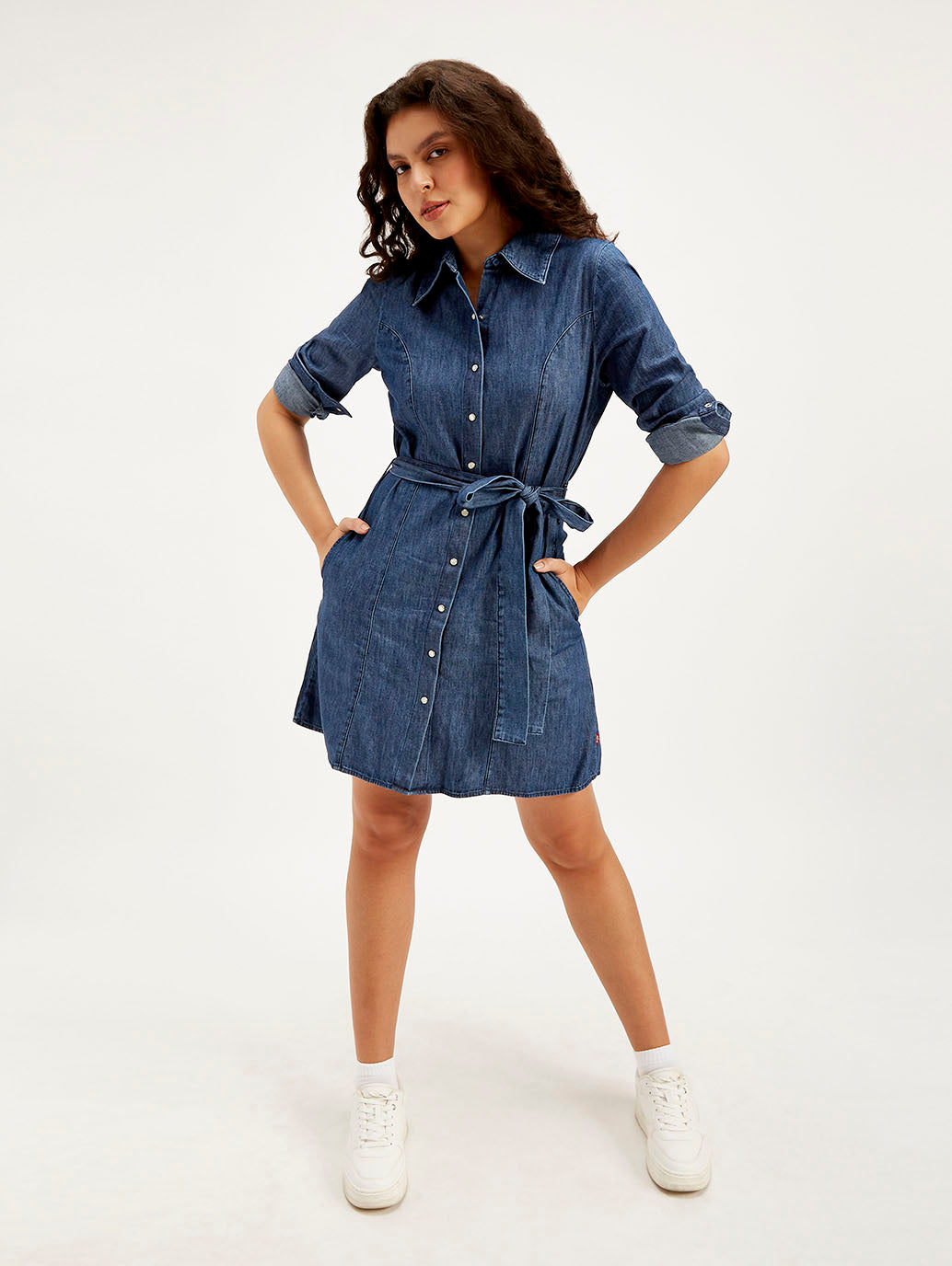 Women's Solid Navy Spread Collar Dress - Elevated View