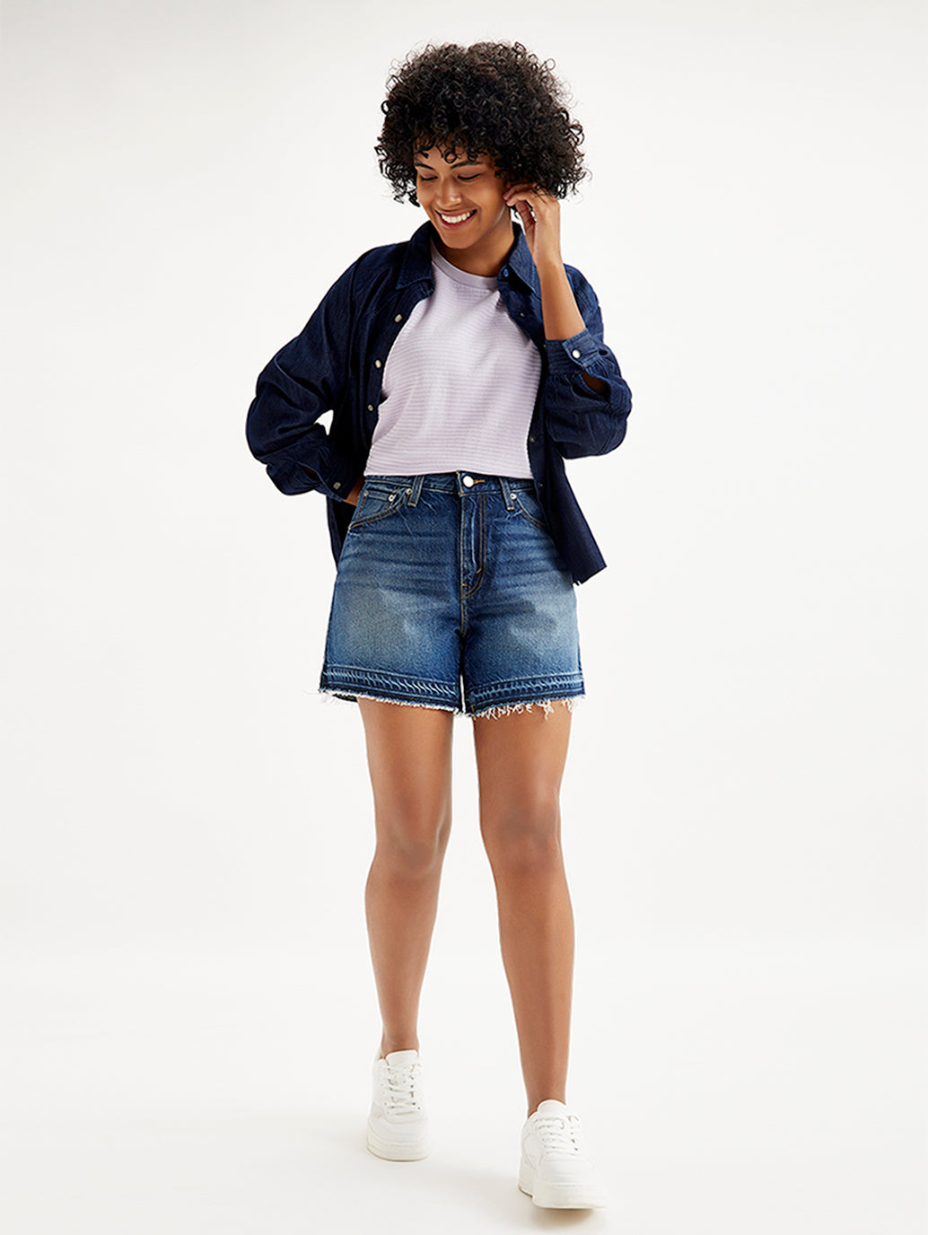 Women's Mid Rise Navy Relaxed Fit Denim Shorts - f9718d20-b1e6-4b51-9389-3372e5b9ff5b View