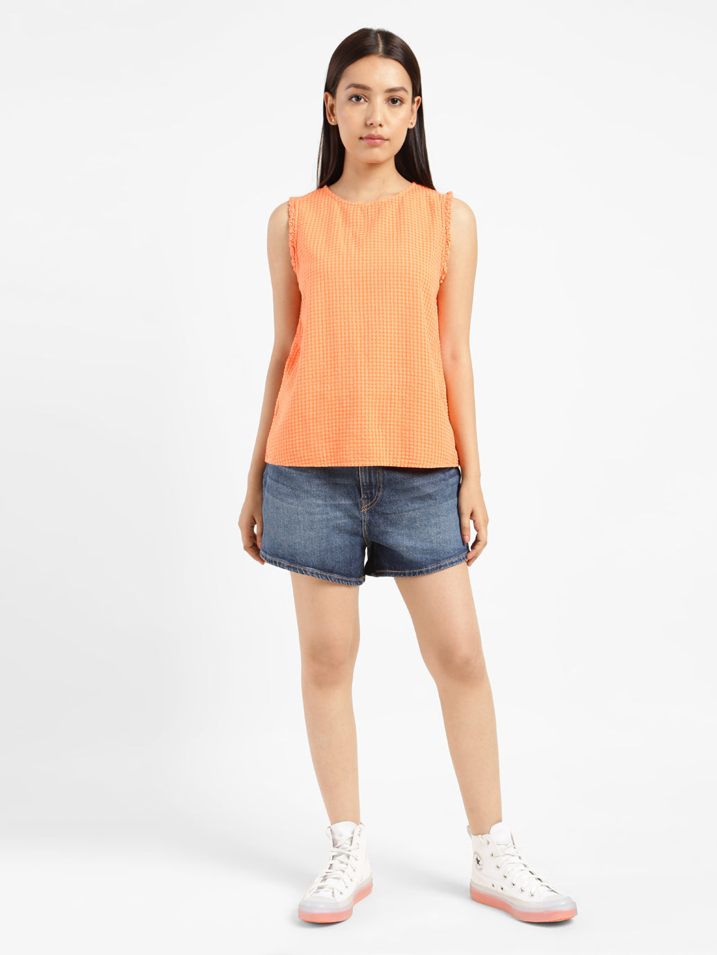Women's Checkered Orange Round Neck Top - 2e6a2c8a-8628-41f5-81fb-2e95b00eca57 View